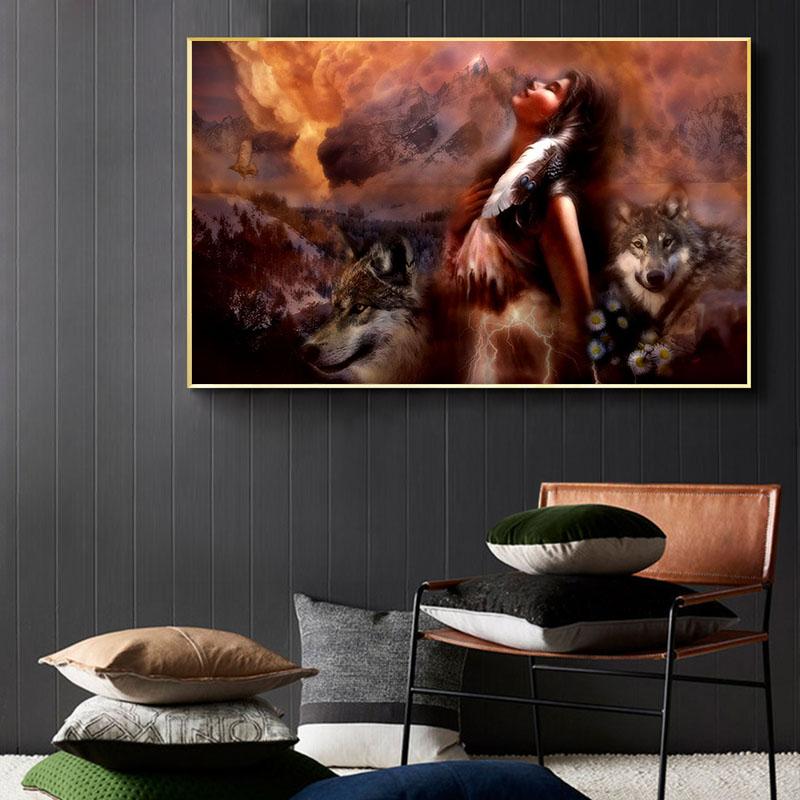 Afrikanisches Mädchen mit Wolf Ölgemälde auf Leinwand Cuadros Poster und Drucke skandinavisches Wandkunstbild Heimdekoration