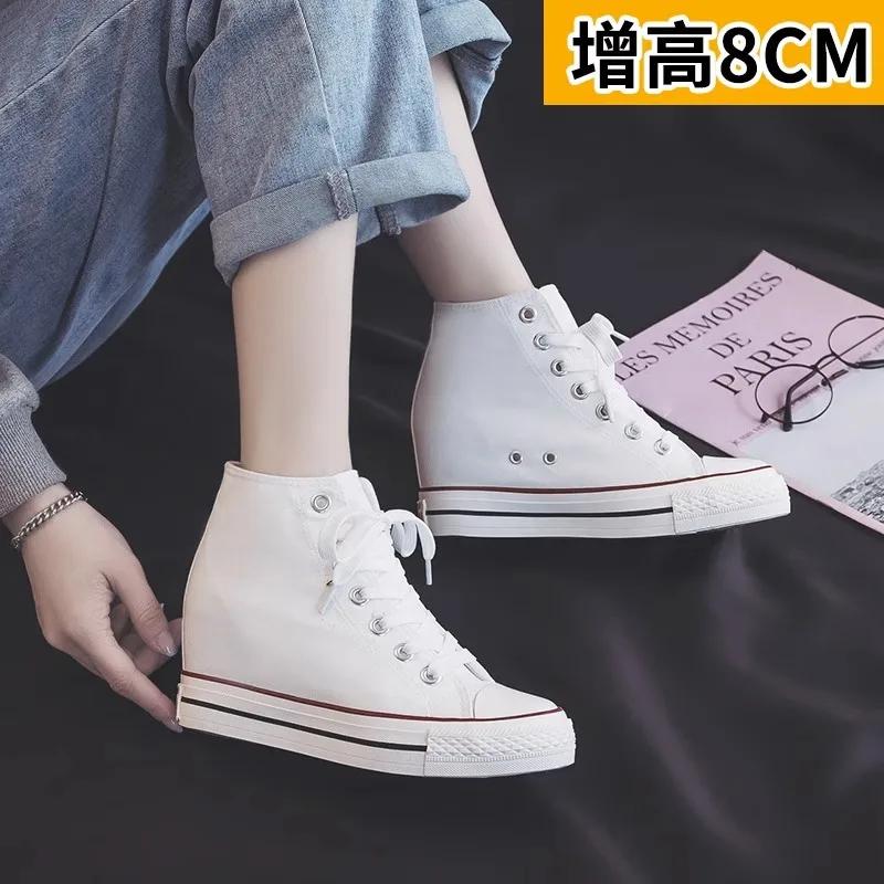 New 8cm High Heels Shoes Casual Canvas Sneakers Designer Platform Wedges Ladies Hidden Wedge Elevator Shoes White Black