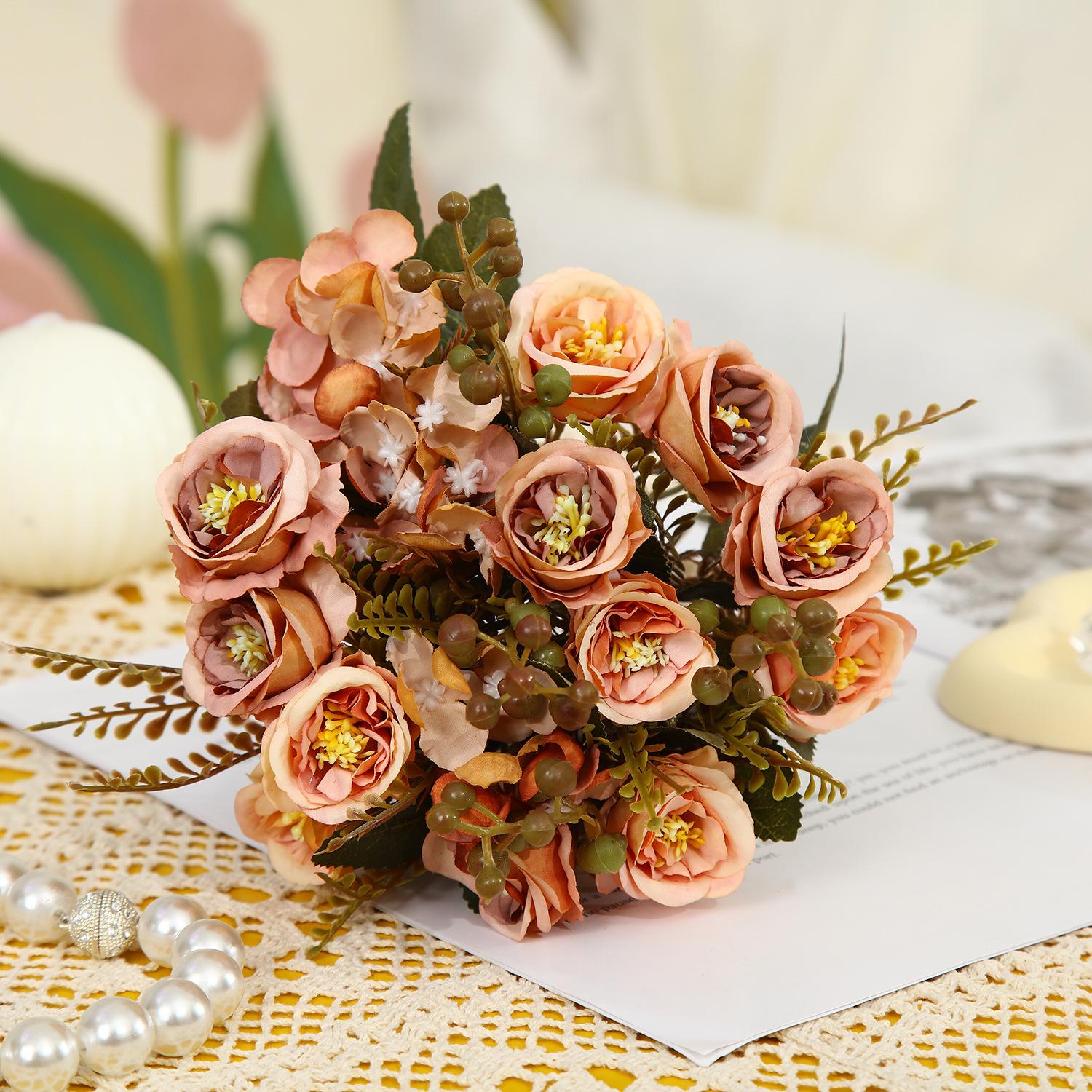 Vintage Mauve Pink Artificial Rose Bouquet, Fake Silk Flowers with Greenery for Home Decor бордовый