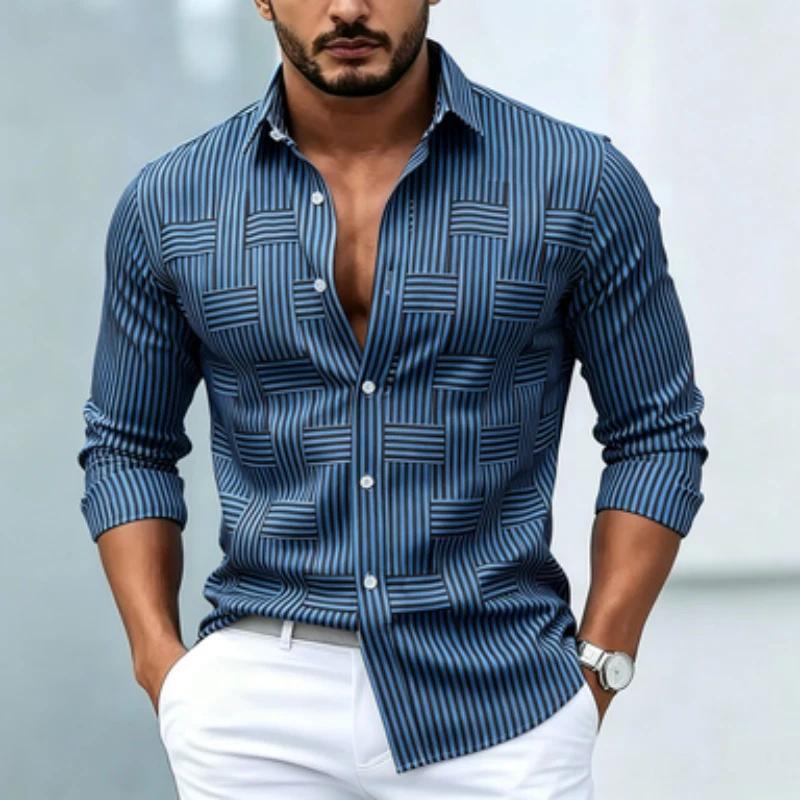 Men's Trendy Striped Woven Pattern Long-Sleeve Button-Up Shirt, Fashionable and Comfortable