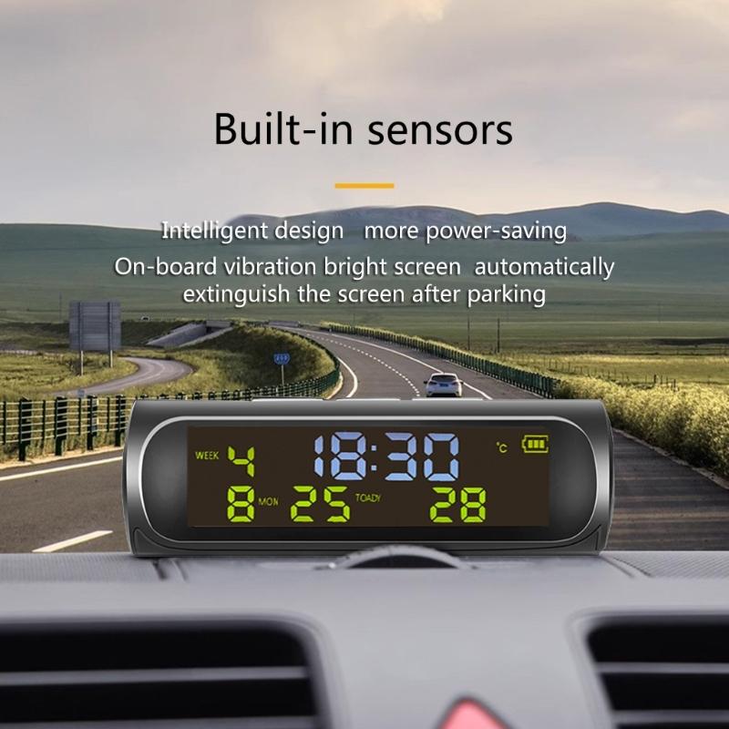Digital Clock Auto Solar Powered Clock with Week Month Calendar Time Temperature Display Car Electronic Clock Wire Free