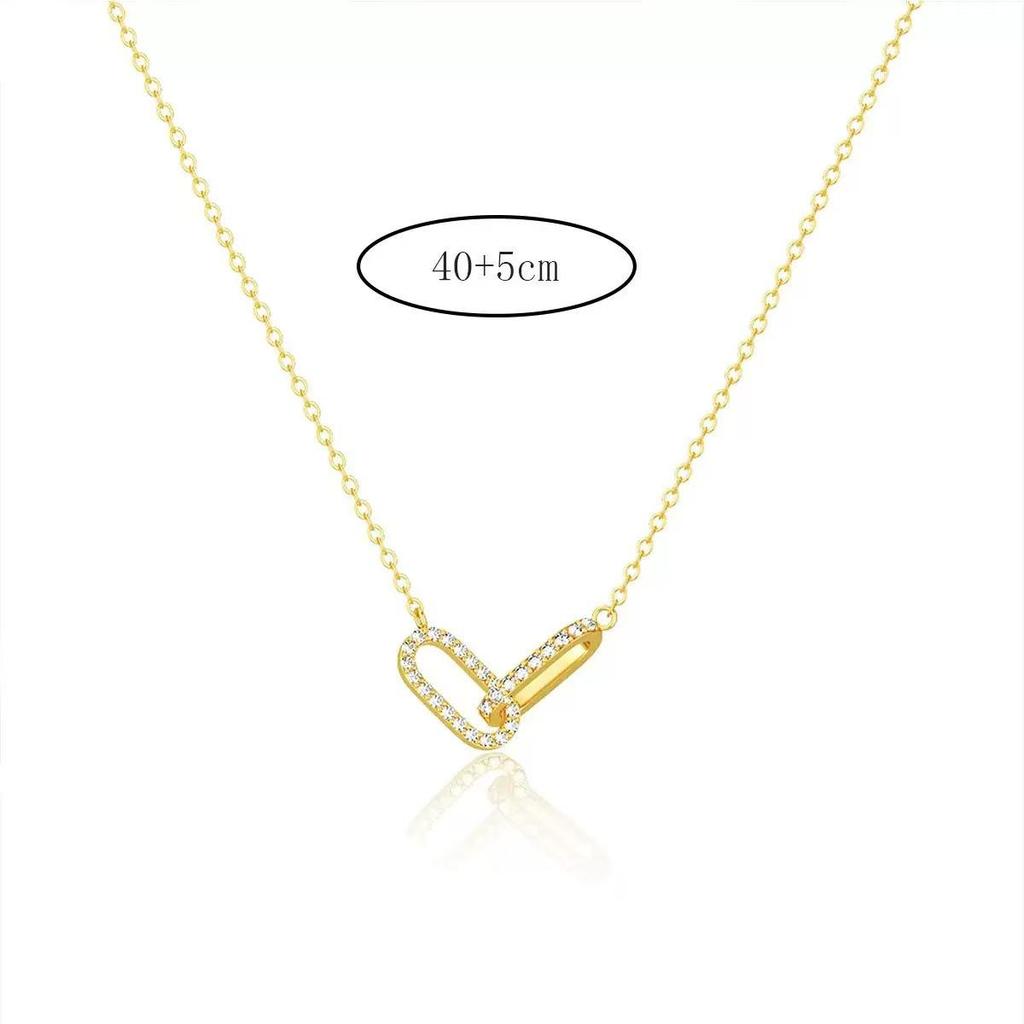 Copper Zirconia Paperclip Pendant Necklace with Double Oval Ring Brooch for Women