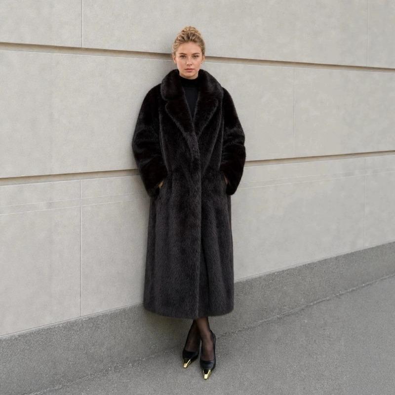 Extended imitation mink coat elegant belt mink coat autumn and winter warm imitation fur coat