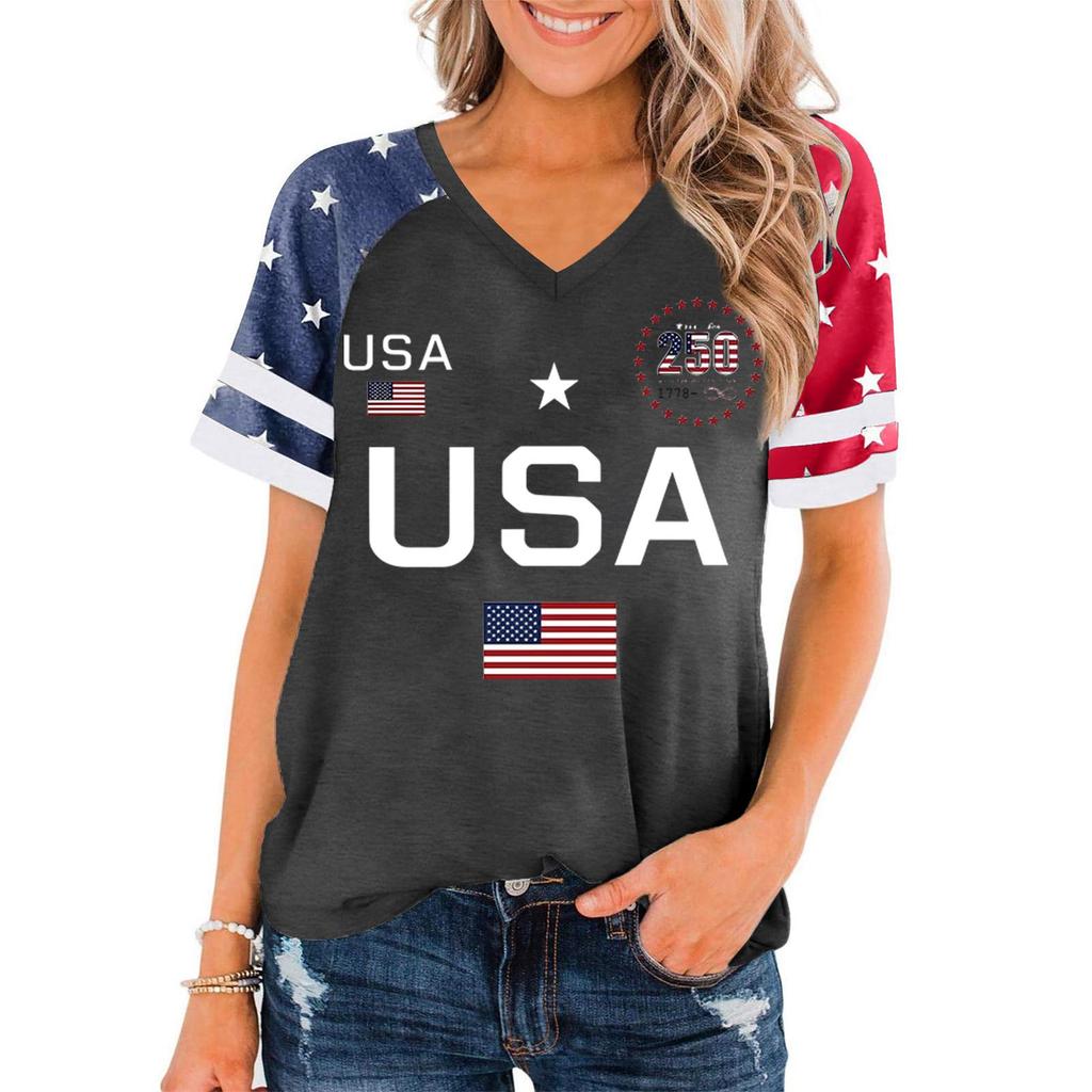 Damen Lässiger V-Ausschnitt Kurzarm Pullover Oberteil USA-Flagge Grafikdruck Leichter Weicher Stoff Lockere Passform T-Shirt