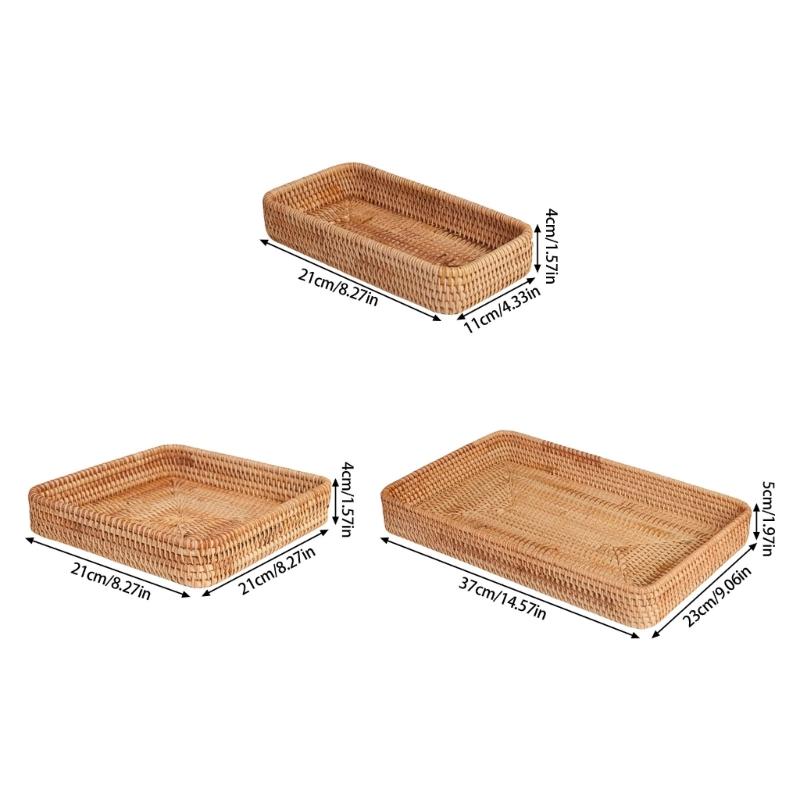 Natural Fiber Rattan Trays Set of 3 Rectangular Storage Baskets Handwoven Organizers for Coffee Table Bathroom Counter Decors