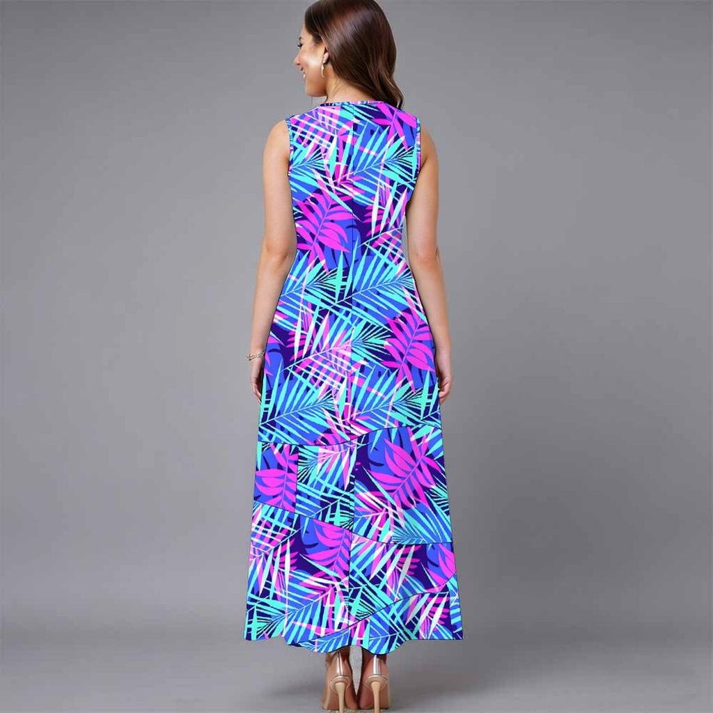 Women Plus Size Sleeveless Round Neck Dress Luxe Large Blossom Printed Flowy Calf Length Gown