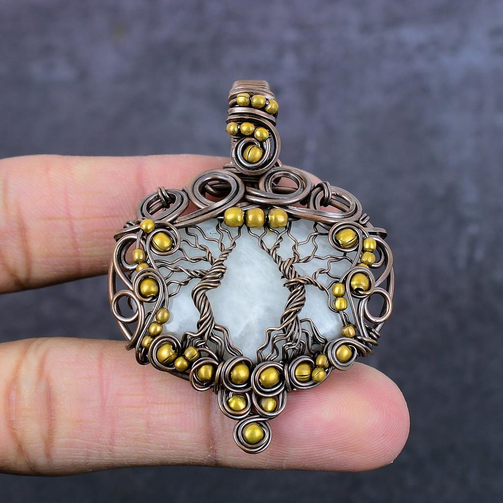 Natürlicher Regenbogen Mondstein Handgemachter Kupferdraht Wickelschmuck Anhänger 2,36" N9G58