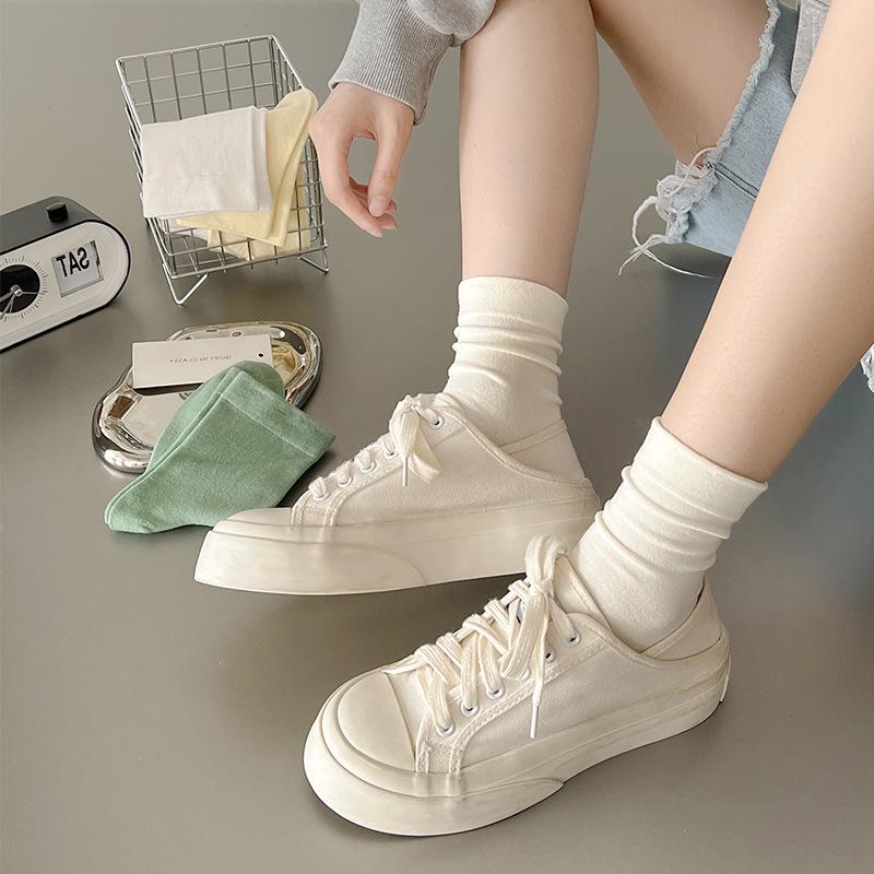 Women's Solid Color Mid-Calf Cotton Socks - Sweat-Absorbent, Breathable & Loose Fit, Ideal for Spring & Autumn