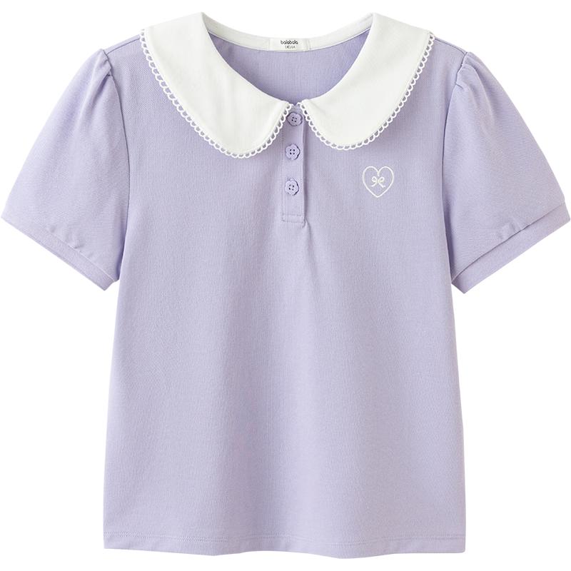 Balabala Girls' 2026 Summer Doll Collar Short Sleeve T-Shirt