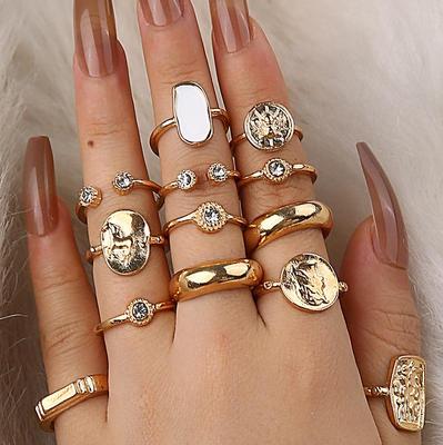 Juego de 13 Anillos Abiertos Ajustables de Ópalo con Retratos Huecos en Relieve con Diamantes para Mujer