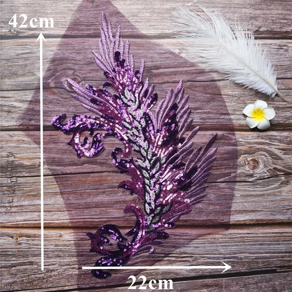 Patch Sequin Embroidery Sequin Appliques Phoenix Tail DIY Sew On Patch Feather Appliques Wedding Gown DIY Decoration
