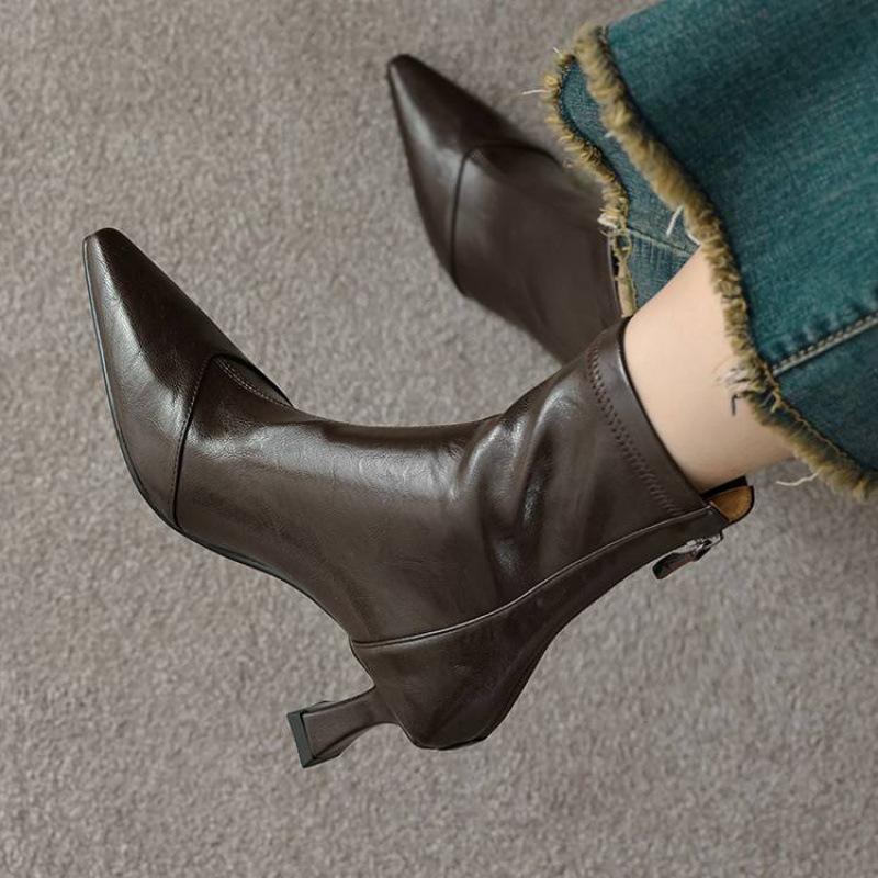 Neue, hochhackige Damenstiefel in großen Größen, mit Reißverschluss hinten, weicher Sohle aus Rindersehnenmaterial, komfortablem Reißverschluss hinten, einfarbigem, vielseitigem Stiletto-Stiefel mit mittelhohem Absatz.