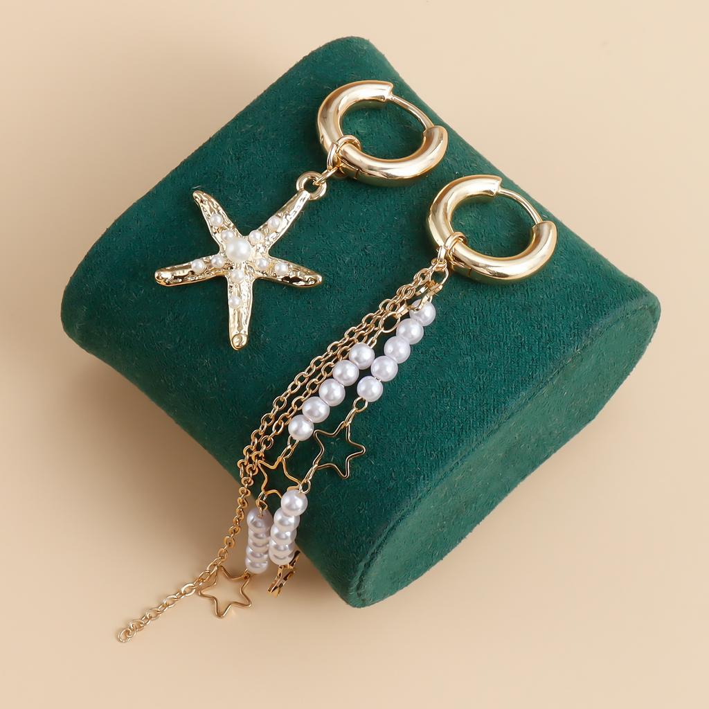 Summer Beach Vacation Style New Detachable Dual-purpose Starfish Tassel Imitation Pearl Asymmetric Earrings