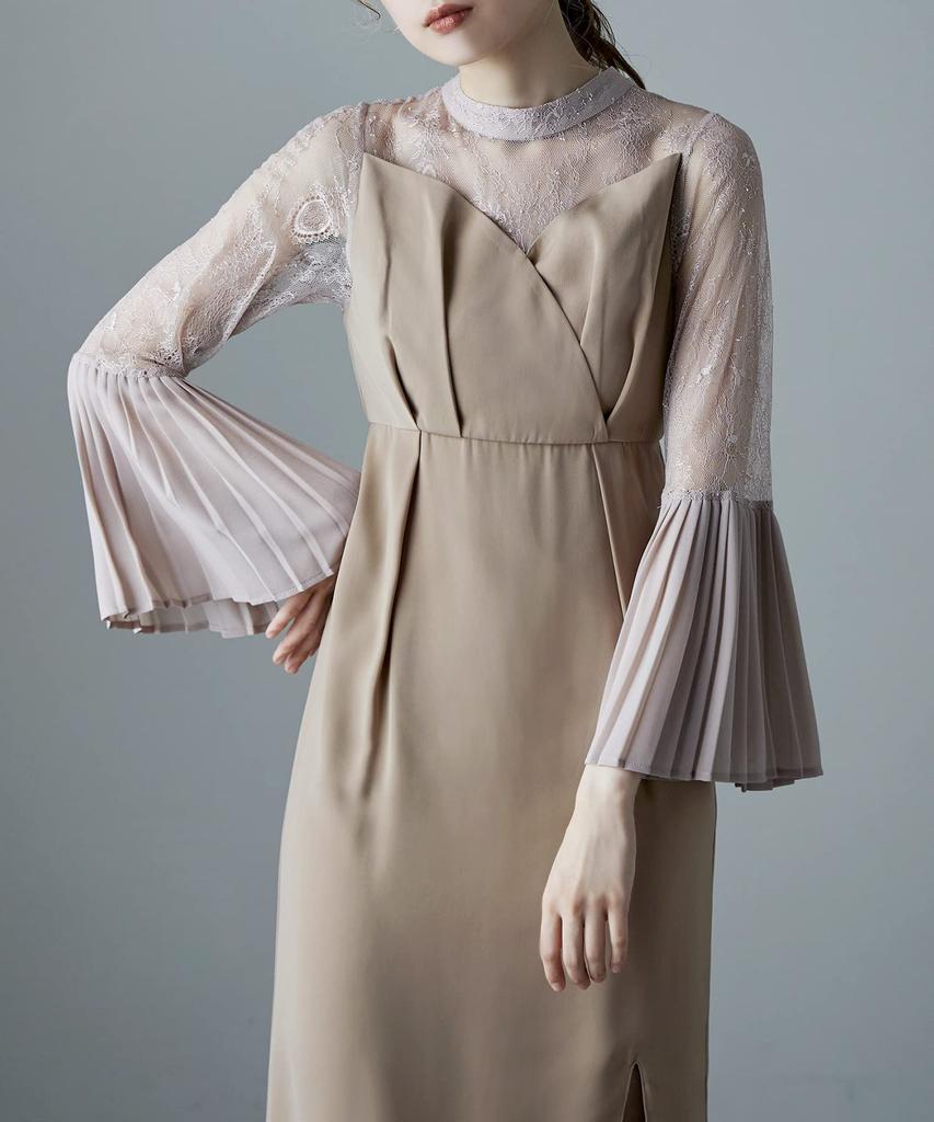 Pleated Bell Sleeve M [etoll] I-line Dress, One-piece, Wedding, After-party, Formal, Beige,
