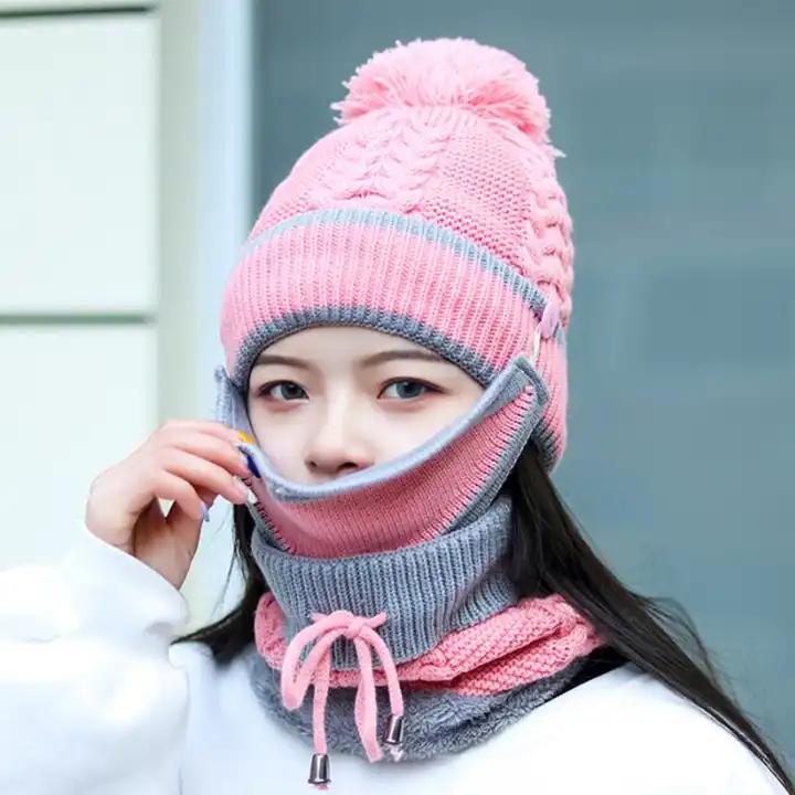 Fashionable Custom Female Warm Pom Pom Beanie Knitted Hat and Scarf Women Winter Hats Sets