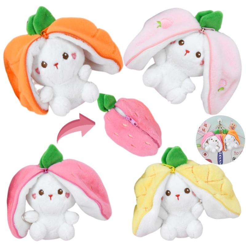 Schattig Aardbeien Konijn Pluche Speelgoed Sleutelhanger Fruit Transformatie Pop Tas Hanger