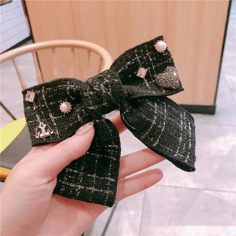 Elegant Plaid Fabric Bow Women's Pearl Rhinestones Gentle and Sexy Hair Clips Cute As Fashionable Headwear Accessories for Girls