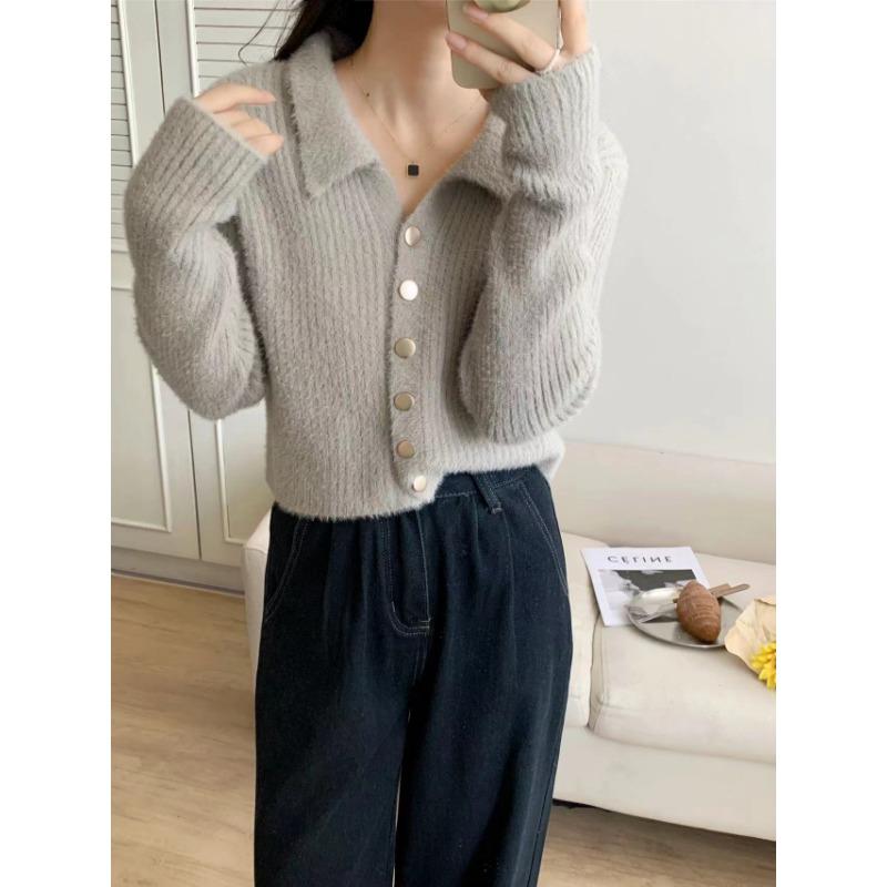 

Свитер-куртка из искусственного норкового флиса с воротником поло, осенне-зимний новый короткий свободный темпераментный мягкий восковой вязаный кардиган женский average size