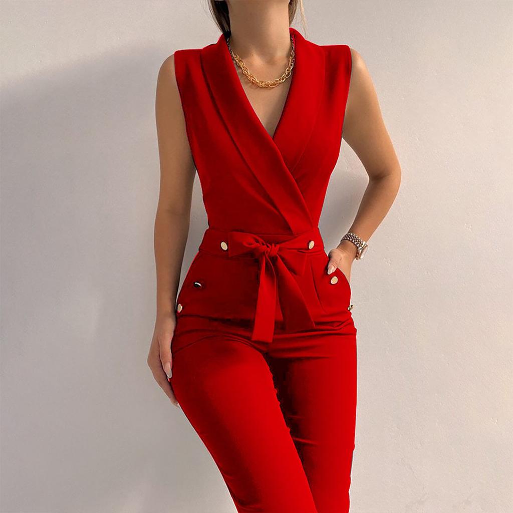 Womens Fashion Color T Wist Button V-Neck Sleeveless Slim Fit Business Jumpsuit
