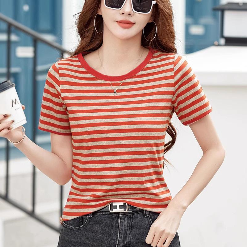 

Шикарная хлопковая футболка в полоску в гонконгском стиле: Стройнящий, Универсальный, Продлевающий молодость M красный
