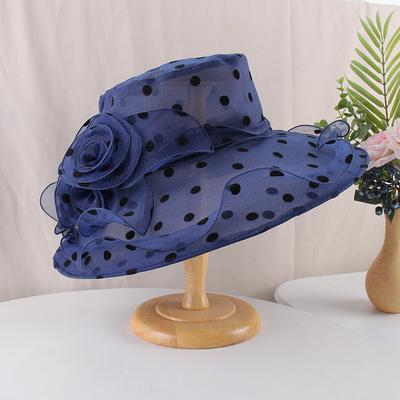 Modischer Organza-Hut mit großer Krempe, Eleganter Blumen-Punktmuster-Sonnenhut, Damen-Sommer-Outdoor-Sonnenhut