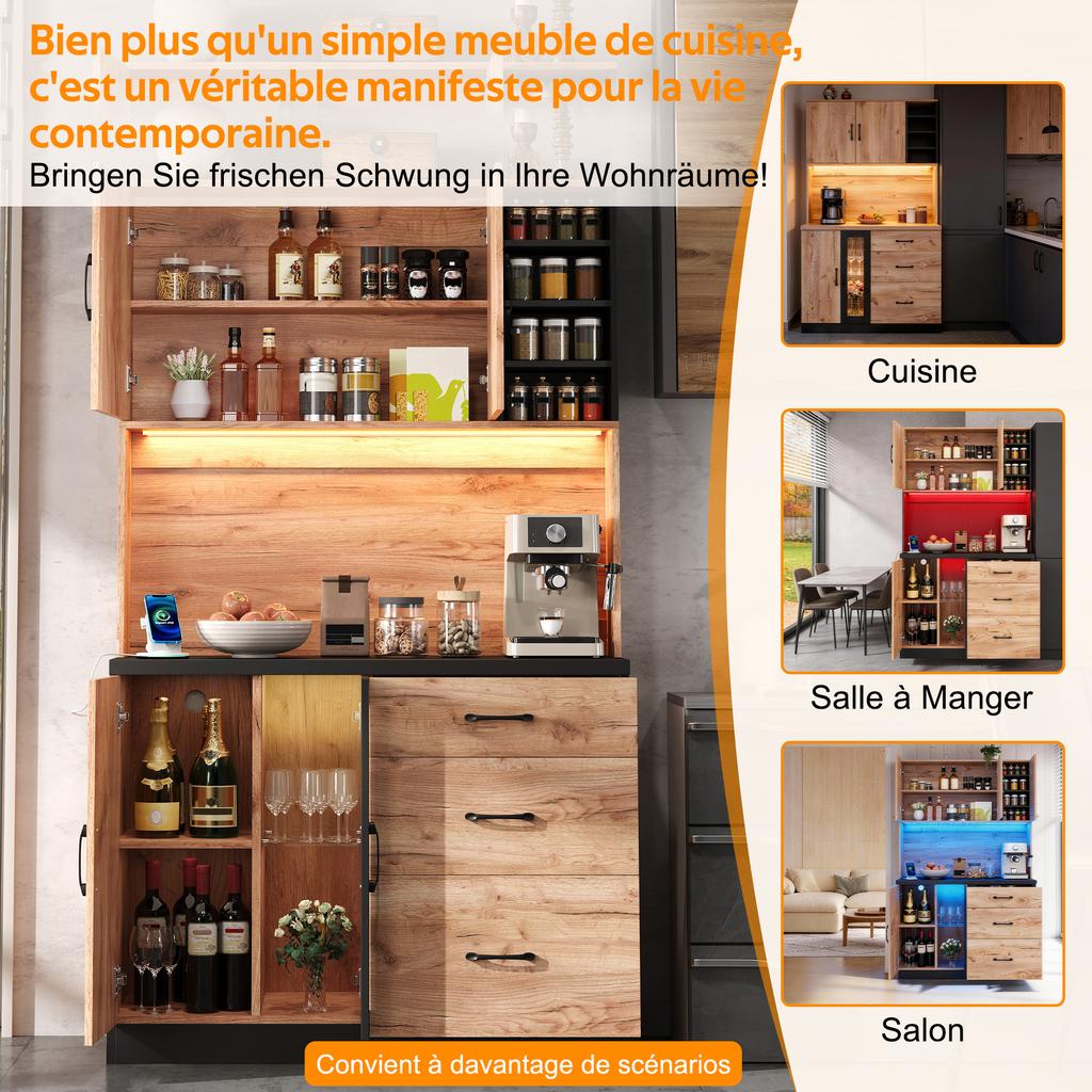 105 × 40 × 180 Cm Modern Kitchen Tall Cabinet, Black and Wood Look with LED Lighting, Adjustable Shelves and Euro-Style Socket