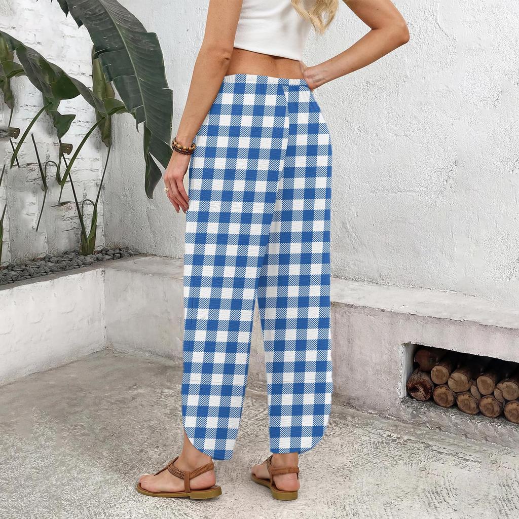 Women Casual Loose Fit Wide Leg Pants Button Detail Printed Pattern Straight Leg Trousers with Elastic Waistband and Drawstring Closure