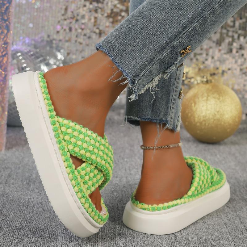Fashion Women Cotton Slippers New Winter Soft Casual Home Slippers Open-Toe Cross Band Indoor Slides Non Slip Indoor Platform Slipper