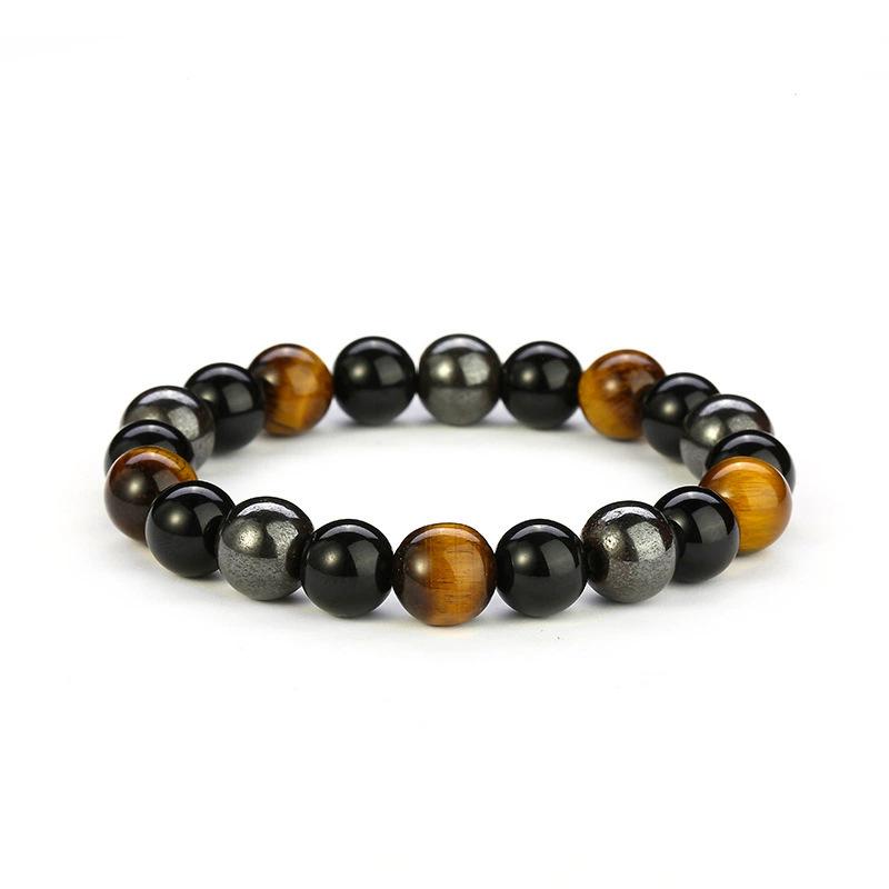 Xi Yin Men's Natural Tiger Eye & Black Obsidian Stone Beaded Bracelet
