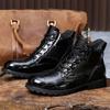 Men Shiny Mid-cut Boots Autumn Lace-up Crocodile Leather Men's Shoe Thick-soled Non-slip Motorcycle Ankle Boots Large Size 38-48