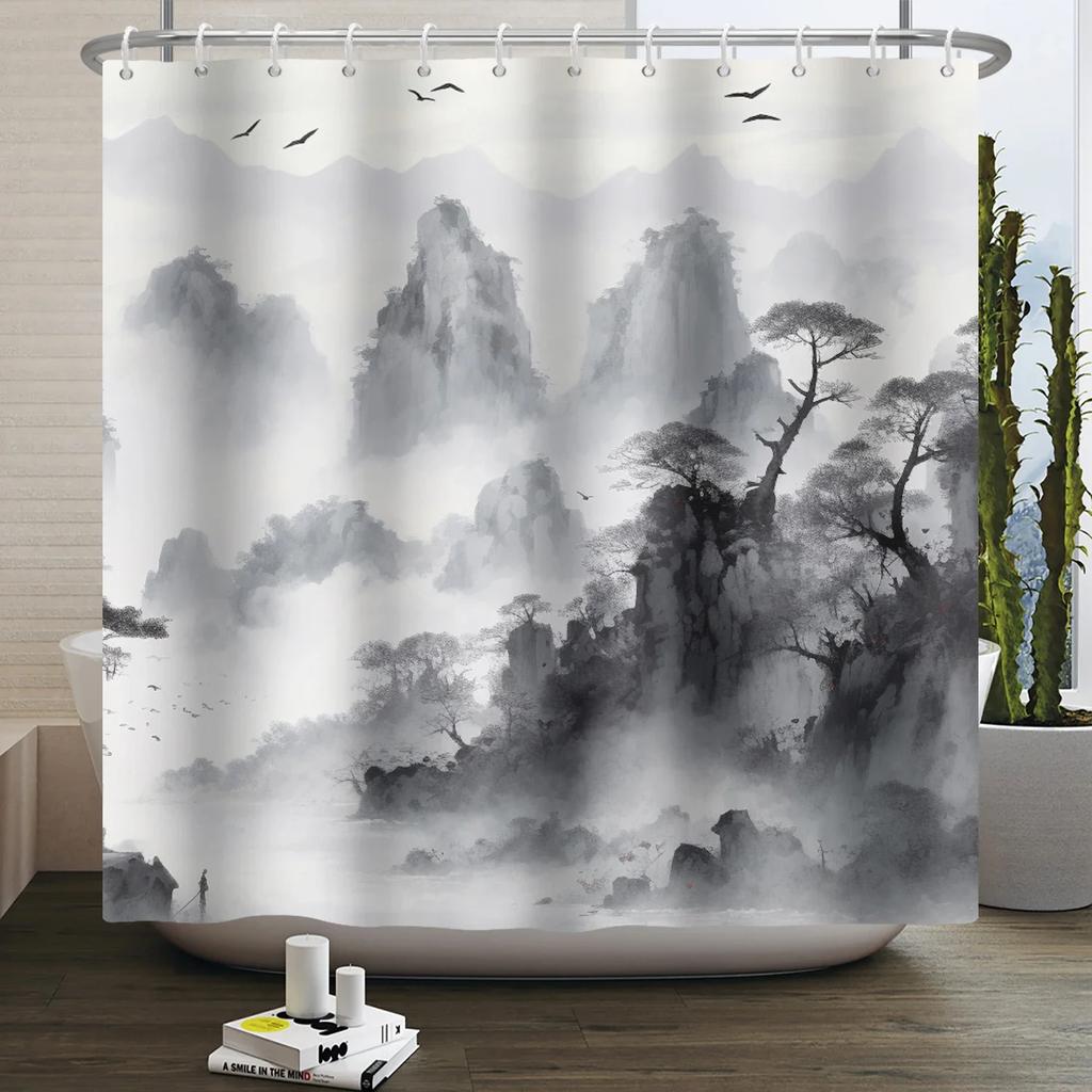 Chinese Ink Painting Landscape Shower Curtain Mountain Bamboo Modern Art Home Decor Bathroom Curtains Waterproof Shower Curtains