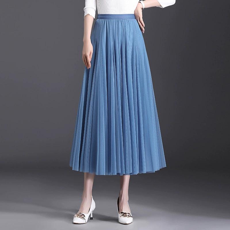 2025 High-Waist A-Line Mesh Skirt: Three-Layer Pleated Fairy Skirt for Spring & Autumn