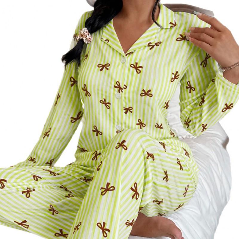 Womens Milk Silk Long Sleeve Cardigan Pajama Set With Collar Striped Bow Detail Winter Home Wear