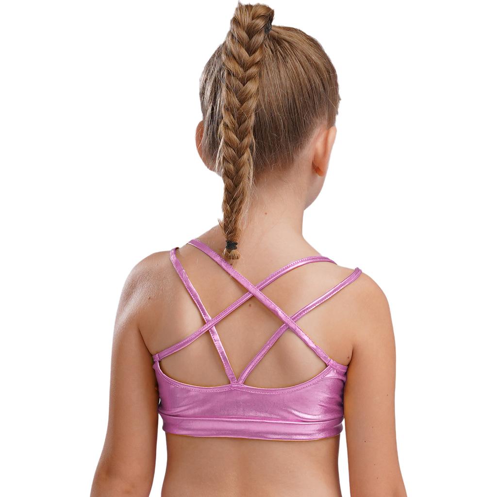 Girls Gymnastics Dance Camisole Crisscross Strappy Back Metallic Crop Top