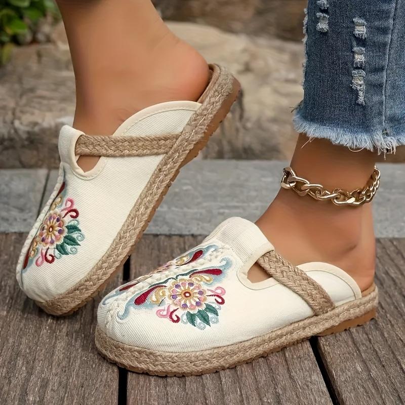 Handmade Floral Embroidered Slides Women's Ethnic Fabric Slides Woven Espadrille Sole Round Toe Slip-On Flat Heel Sandals for All Seasons
