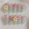 24PCS Pink Green Gradient French False Nails Sweet 3D Yellow Flowers Almond with Pearl Press On Nails Summer Mint Nails Wearable