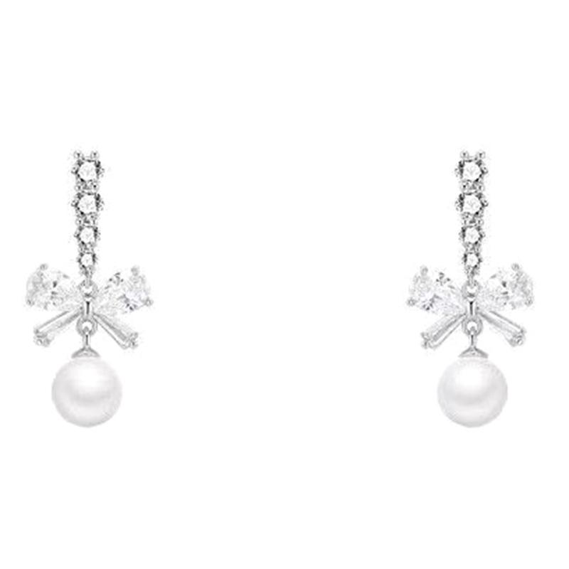 1Pair Bling Zircon Bow Pearl Drop Earrings Exquisite Bowknot Stud Women Girl Sweet Jewelry Perfect Valentine's Day Gif
