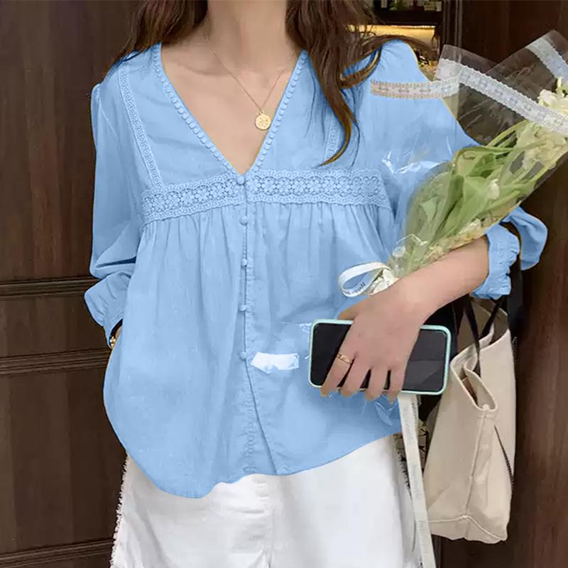 VONDA Women Casual Lace V-Neck Lantern Long Sleeve Blouses