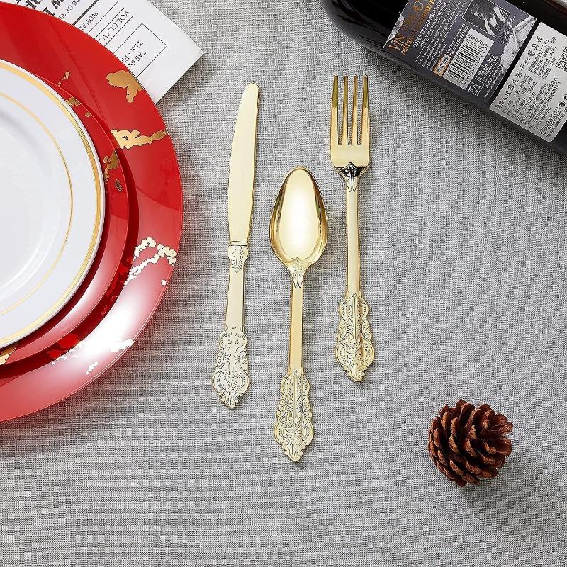 Set di posate in plastica vintage goffrate dorate da 90 pezzi, coltello, forchetta, cucchiaio a doppio uso, posate usa e getta per feste