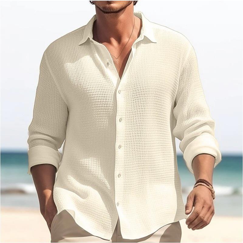 Camisa de Manga Larga de Color Sólido para Hombre de Primavera Otoño Camisa Informal con Cuello Calado Top de Calidad