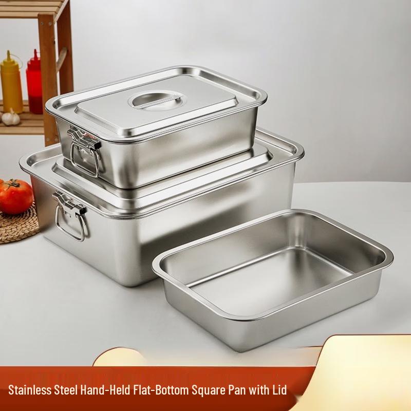 Large Rectangular Stainless Steel Serving Basin with Lid and Handle
