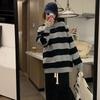 Korean Hoodies Women Vintage Stripe Sweatshirts Casual Oversized Long Sleeve Crew Neck Pullovers Thin Gray Y2k Tops Streetwear