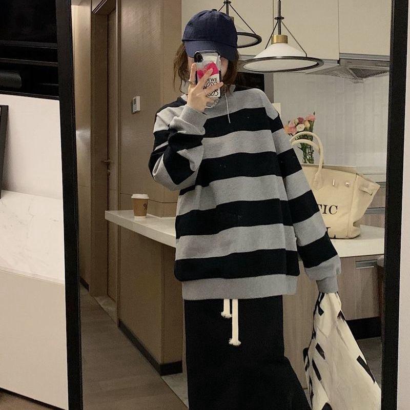 Korean Hoodies Women Vintage Stripe Sweatshirts Casual Oversized Long Sleeve Crew Neck Pullovers Thin Gray Y2k Tops Streetwear