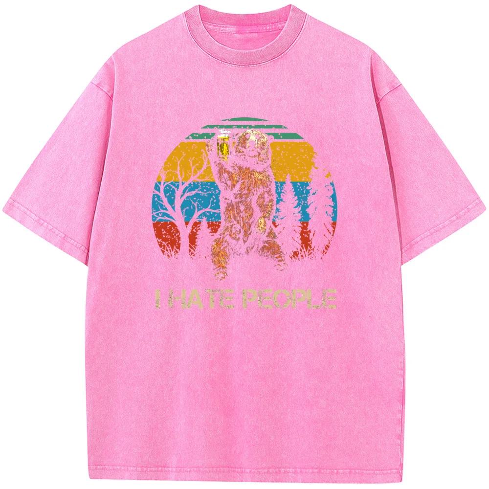 Beer and Bear Printed Men/Women Washed T-Shirt Cotton Funny Loose Bleached Tshirt Retro Bleach T shirt Tops