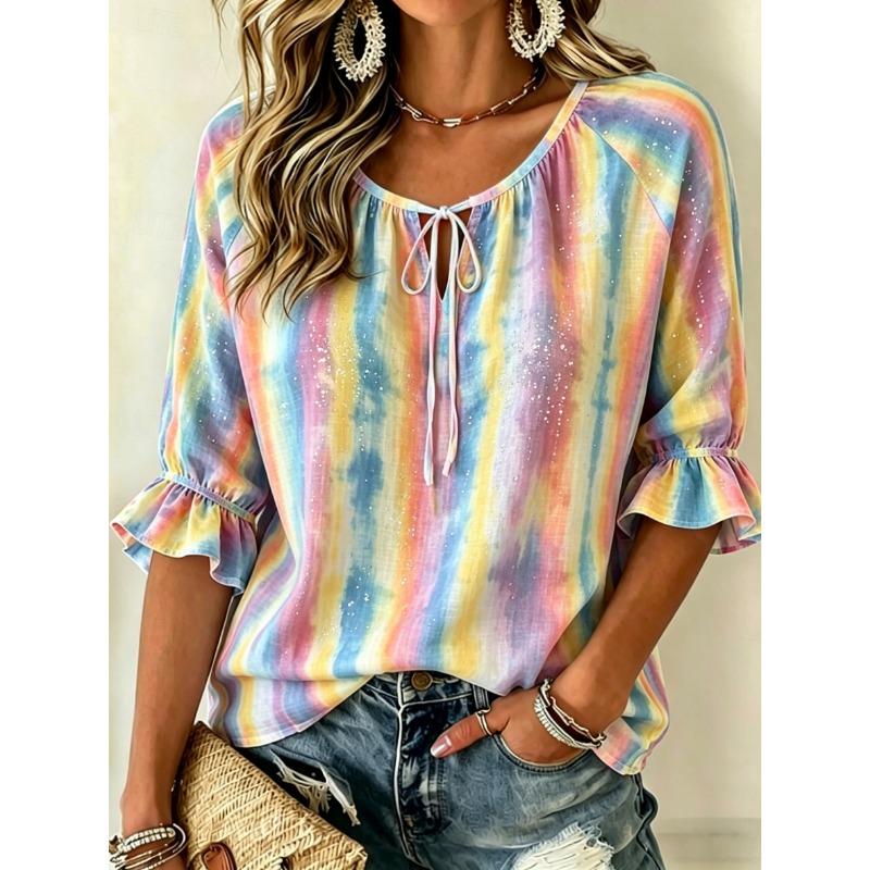 Women's Beige Tie-Dye Print Tie Neck Blouse, Casual Loose Tops for Spring Summer Daily Wear & Vacation Occasions