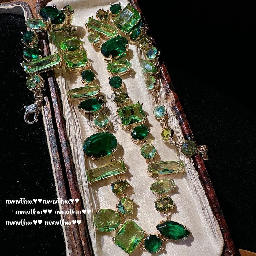 Pirate Macaron Emerald Necklace, Antique, 18K Gold Plated Gradual Change Malachite Green Large Carat Zircon Bracelet