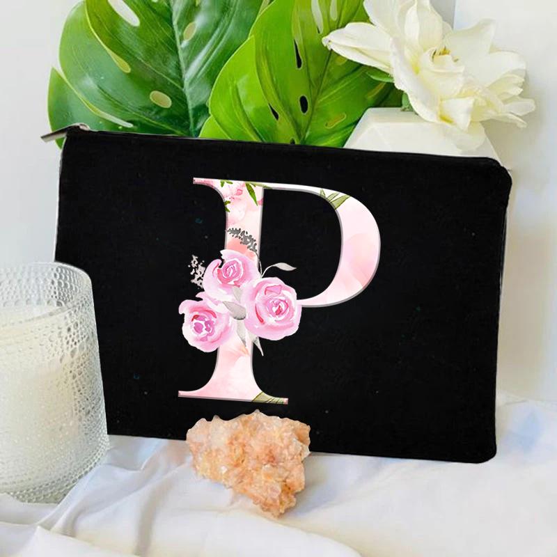 Damen Tasche Make-up Tasche Brautjungfer Make-up Taschen Blumen Alphabet Druck Leinen Reißverschluss Tasche Reise Organizer Etui Mujer Bolsas Kosmetik