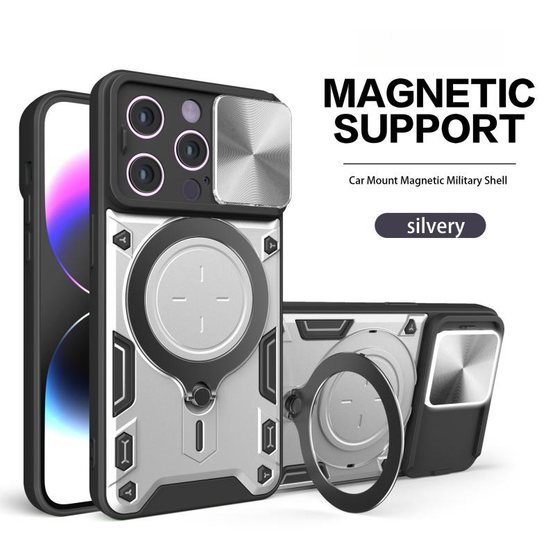 

Роскошный противоударный чехол для iPhone 16 15 14 13 Pro Max Plus с выдвижной защитой объектива, многофункциональный жесткий бронированный чехол Funda For iPhone 16 серебряный