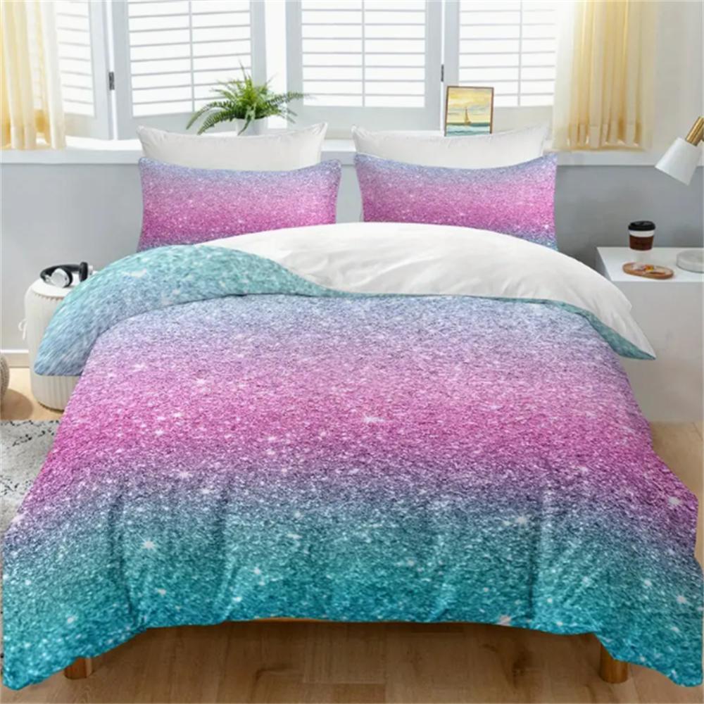 

3-Piece Vibrant Turquoise Blue and Pink Pastel Glitter Bedding Set - Duvet Cover Sets with Shining Effect, Trendy Bedspreads EU Single 135x200cm