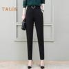 Women Casual Trousers High Waist Suit Pants Metal Buckle Pockets Solid Color Slim Fit Harem Pants Workwear